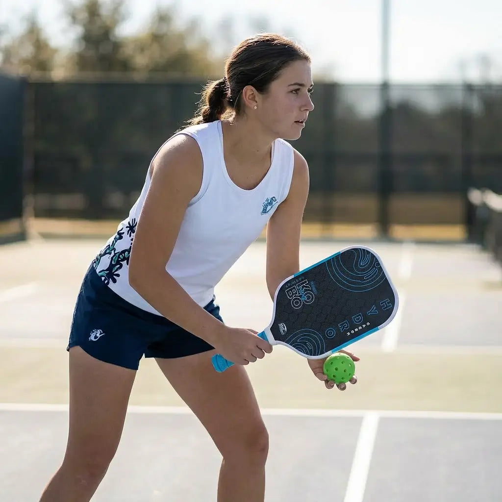 KOBO women Gecko Tank Top white and KOBO Hydro G4 paddle on the court