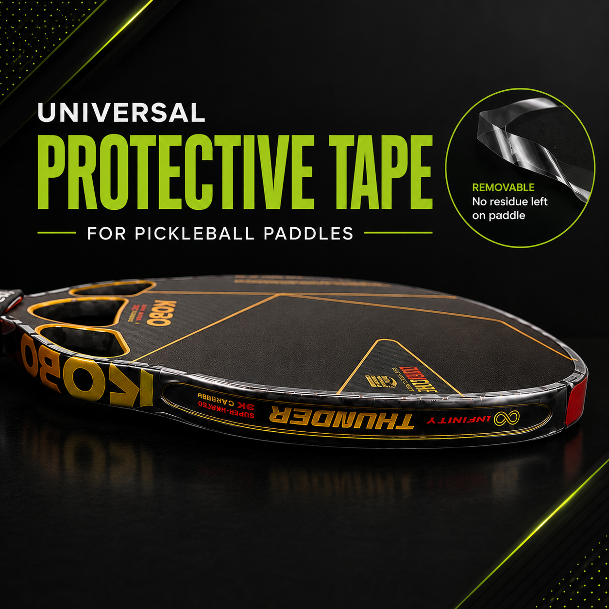 Pickleball paddle with universal protective tape on a dark background
