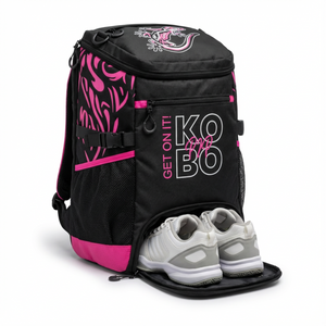 Black and pink sports bag with 'Kobo' branding and a pair of shoes on a white background