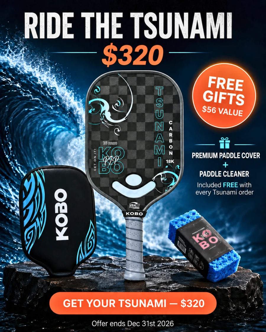 KOBO Tsunami carbon pickleball paddle for $320 with a free premium paddle cover and paddle cleaner worth $56. Offer ends December 31, 2026.