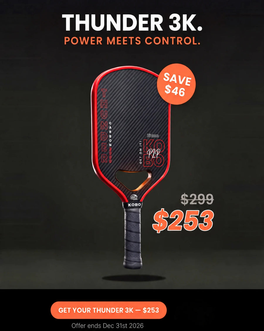 KOBO Thunder 3K red-and-black carbon pickleball paddle on sale for $253, reduced from $299. Save $46. Offer ends December 31, 2026.