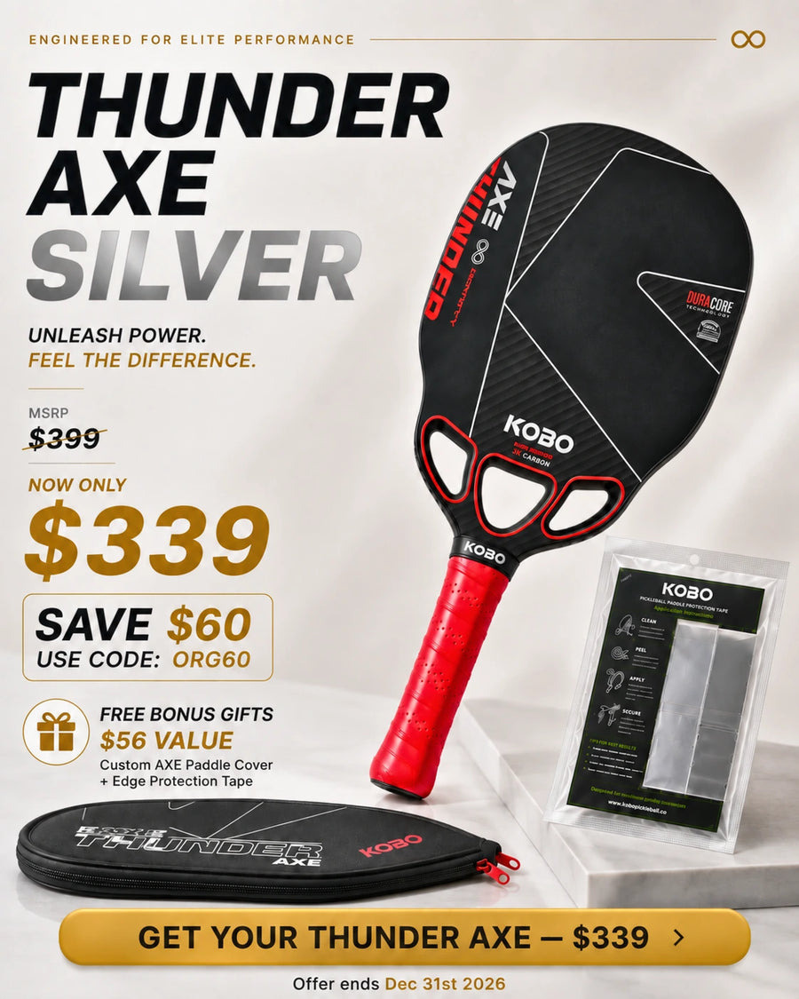 KOBO Thunder AXE Silver pickleball paddle for $339 with code ORG60, saving $60, plus a free custom paddle cover and edge protection tape worth $56. Offer ends December 31, 2026.