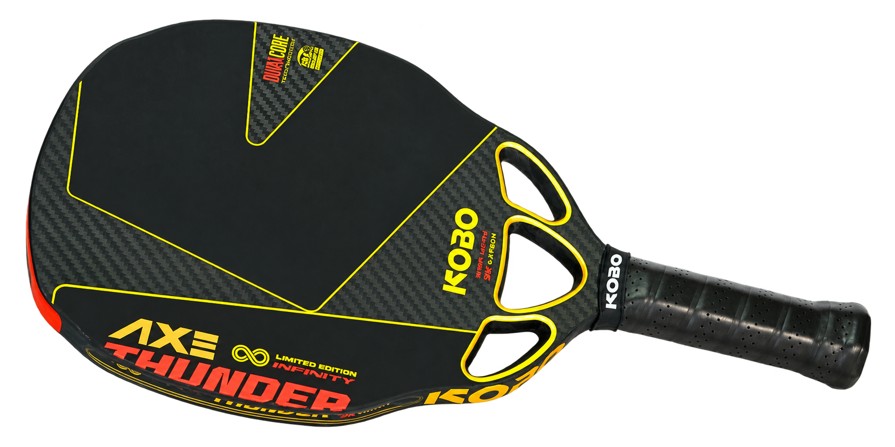 KOBO Thunder AXE Infinity Gold paddle floating on black, showing its carbon face, gold trim and three open air channels