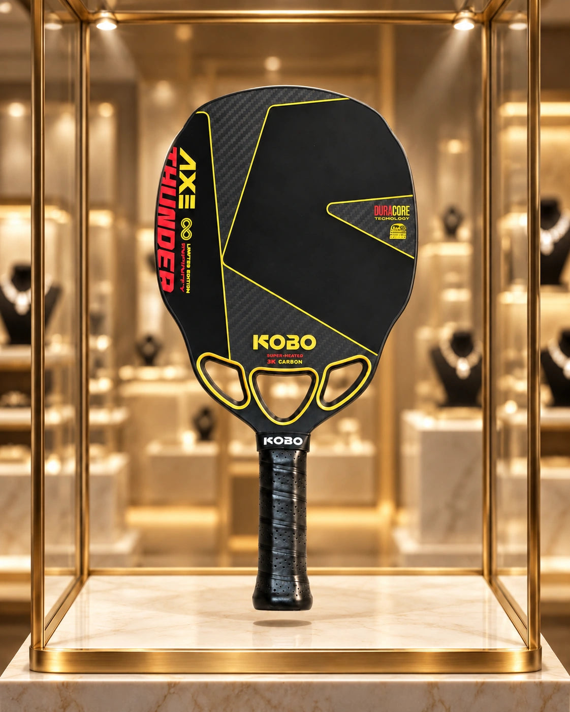KOBO Thunder AXE Gold paddle suspended inside an illuminated gold-framed glass showcase in a luxury jewellery boutique