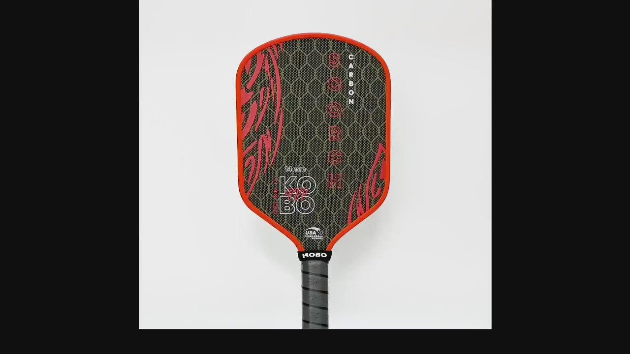 360-degree rotating video of the KOBO Scorch G4 pickleball paddle, showing raw carbon-Kevlar face, edge guard, handle, and paddle shape on a clean white background.
